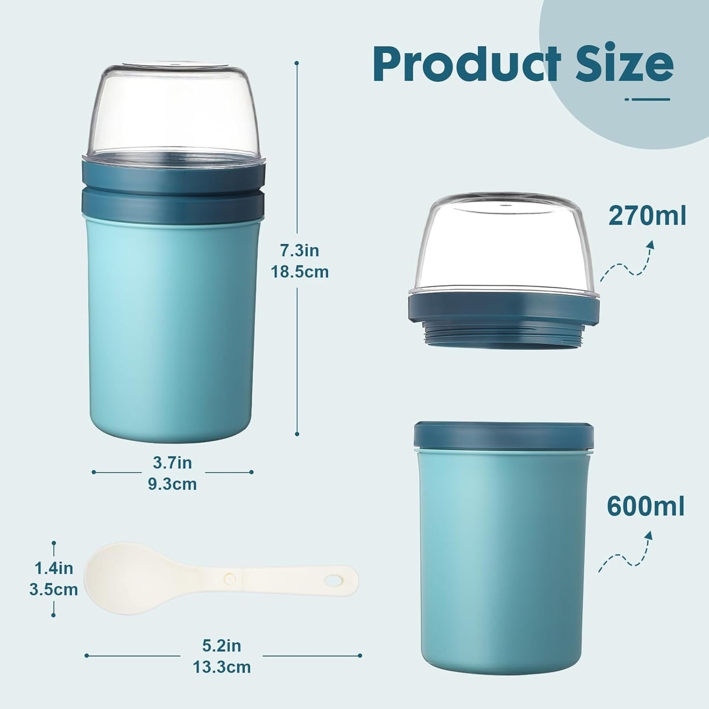 Snack Cup,Reusable Snack Container with Lid,Yogurt Parfait Cups and Spoons,600ml+270ml Breakfast On The Go,Portable Cereal To Go Travel Cereal Bowl and Milk Container(Bule)