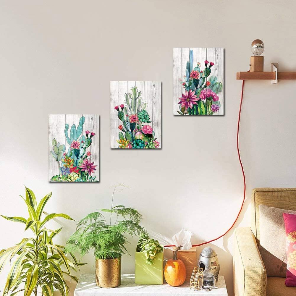 3 Piece Framed Wall Art Watercolor Tropical Plant Desert Cactus Canvas Print for Bedroom Bathroom Spiny Flower Artwork Home Office Wall Decoration 16x24 3 panels Decor