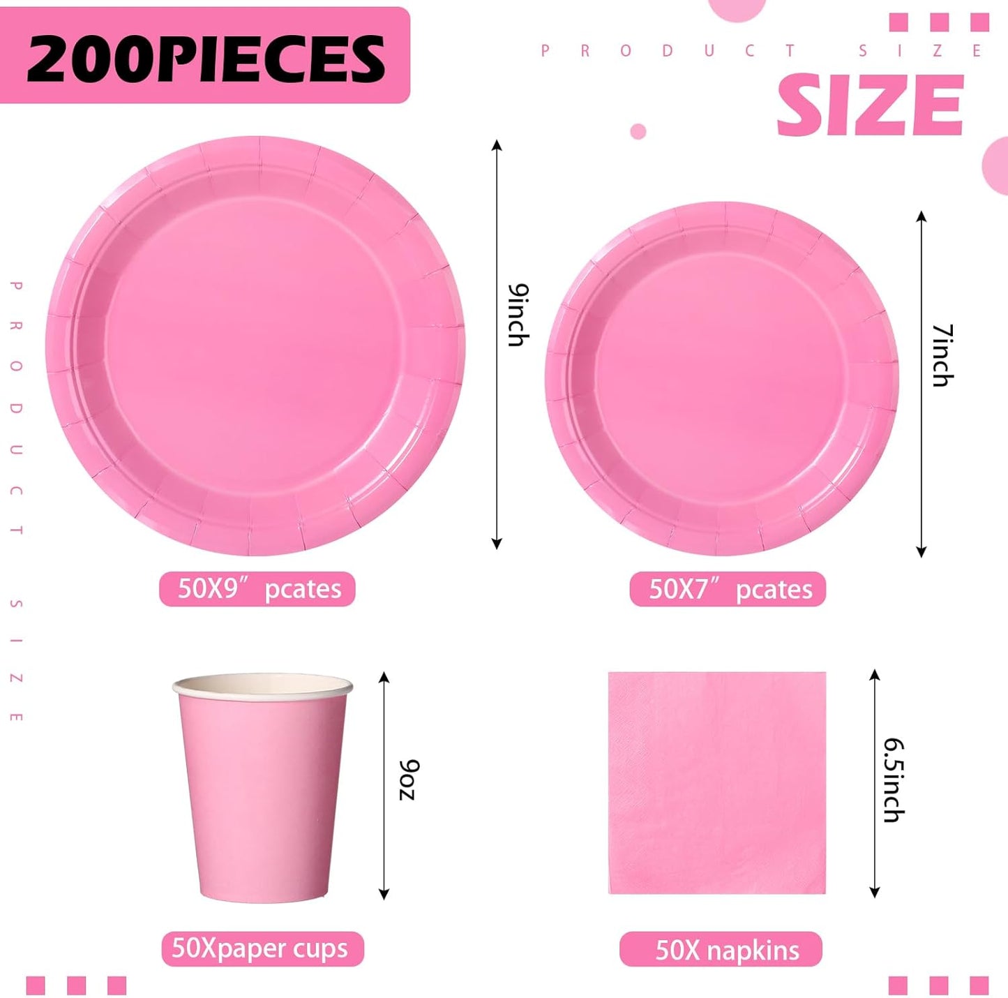 Tioncy 200 Pcs Disposable Paper Plates Cups and Napkins Party Supplies Serve 50 Guests Disposable Paper Dinnerware Set for Halloween Birthday Wedding Baby Shower Family Picnic(Pink)