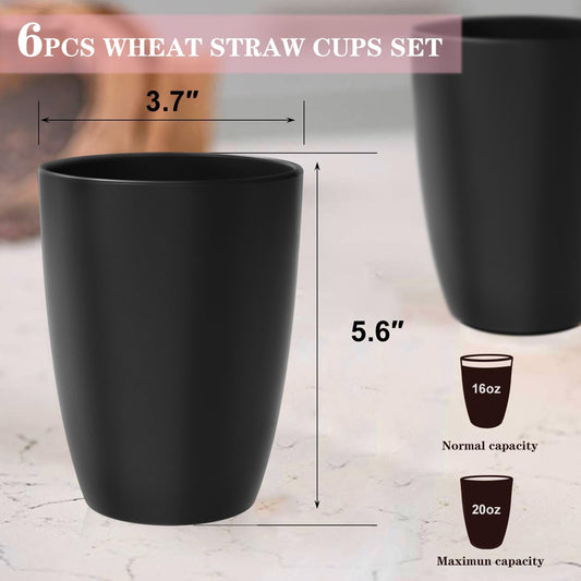 Homienly Wheat Straw Cups, 20 OZ Drinking Cups Set of 6, Plastic Cups Reusable, Stackable Kitchen Cups Set, Dishwasher Safe Water Glasses, Unbreakable Drinking Glasses for Camping, Traveling - Black