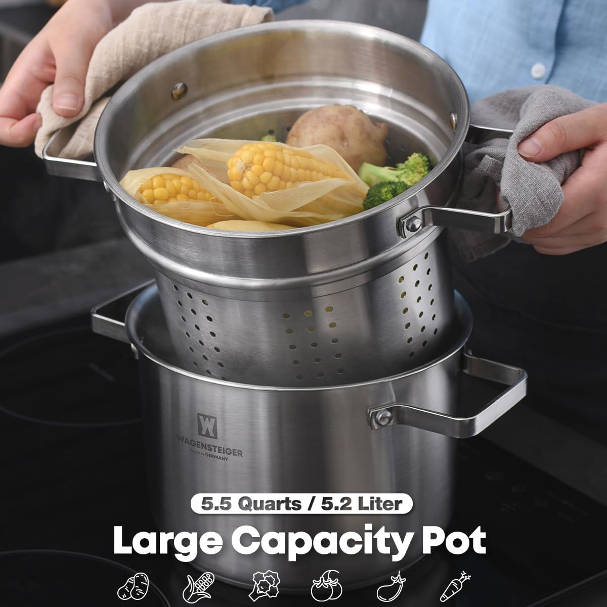 Premium Stainless Steel Asparagus Vegetable Tall Steamer Pot Spaghetti Pasta Stovetop Cooker with Removable Perforated Basket and Lid, Large Size Versatile Cookware (5.2Liters/5.5Quarts)
