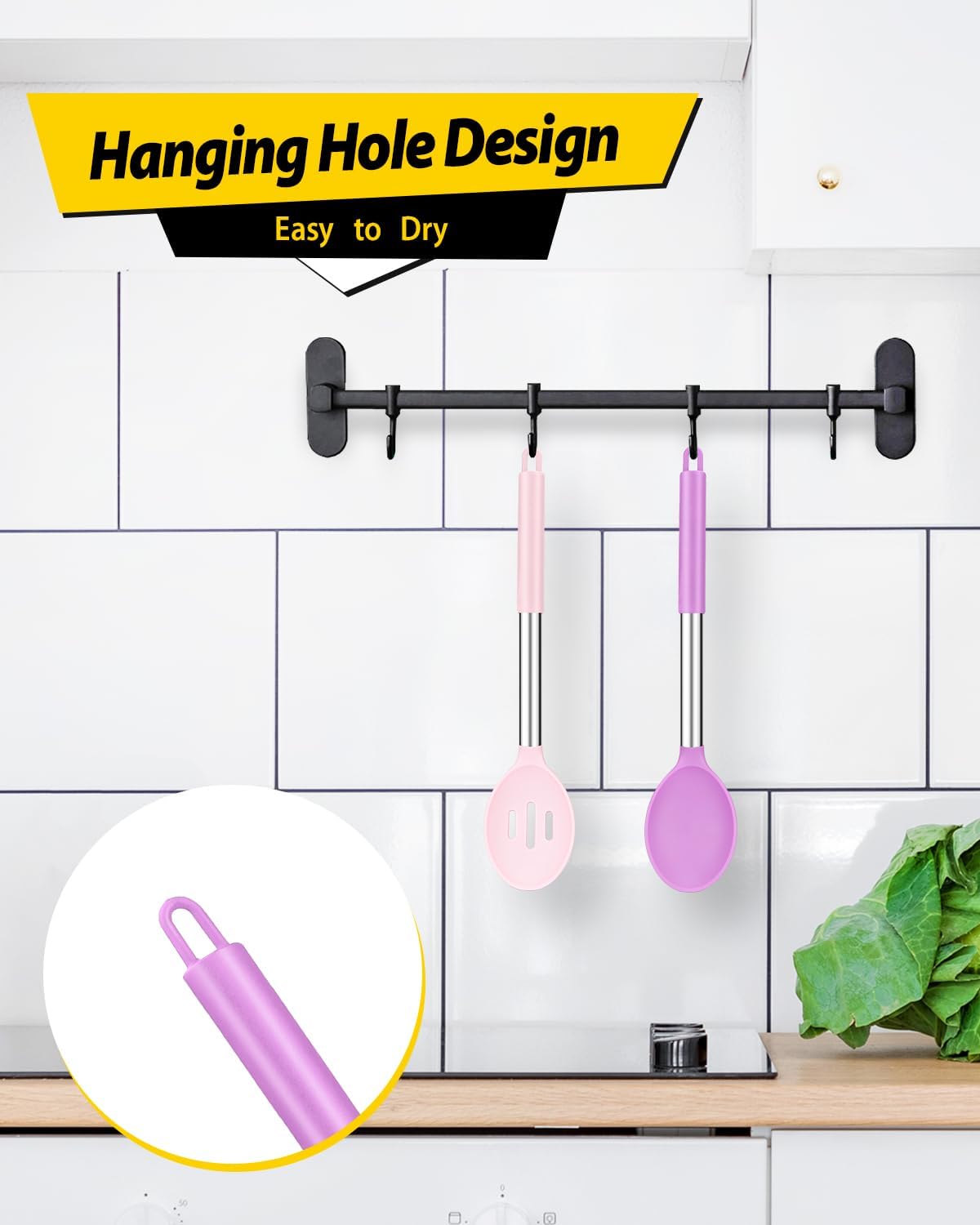 Pack of 2 Large Silicone Cooking Spoon Non Stick Solid Basting Spoons Heat-Resistant Kitchen Utensils for Mixing Serving (Pink-Purple)