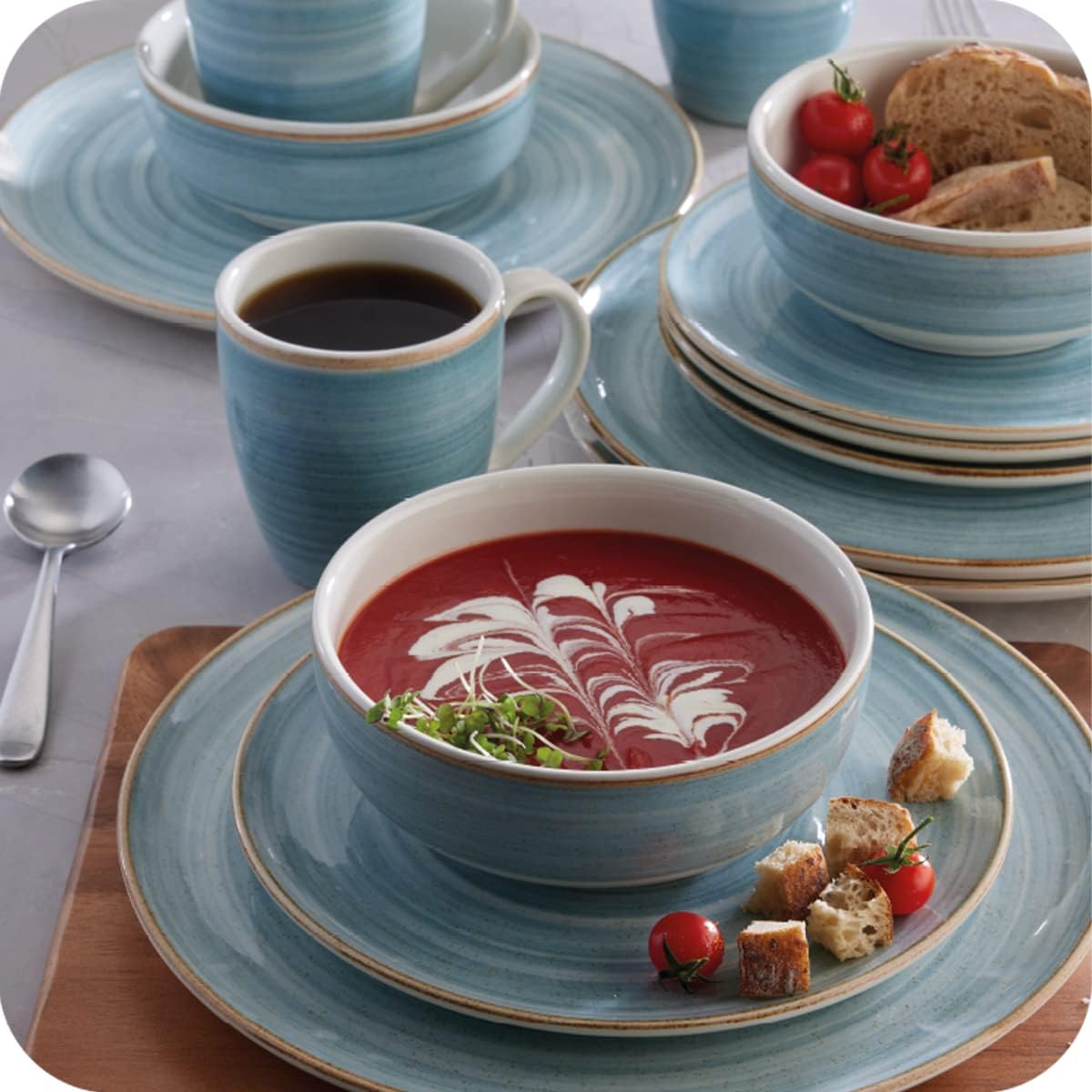 Corona 16-piece Rustic and Modern Hand-Painted Details Ceramic Dinnerware Sets, Plates, Bowls and Mugs, Service For 4, Blue Caoba