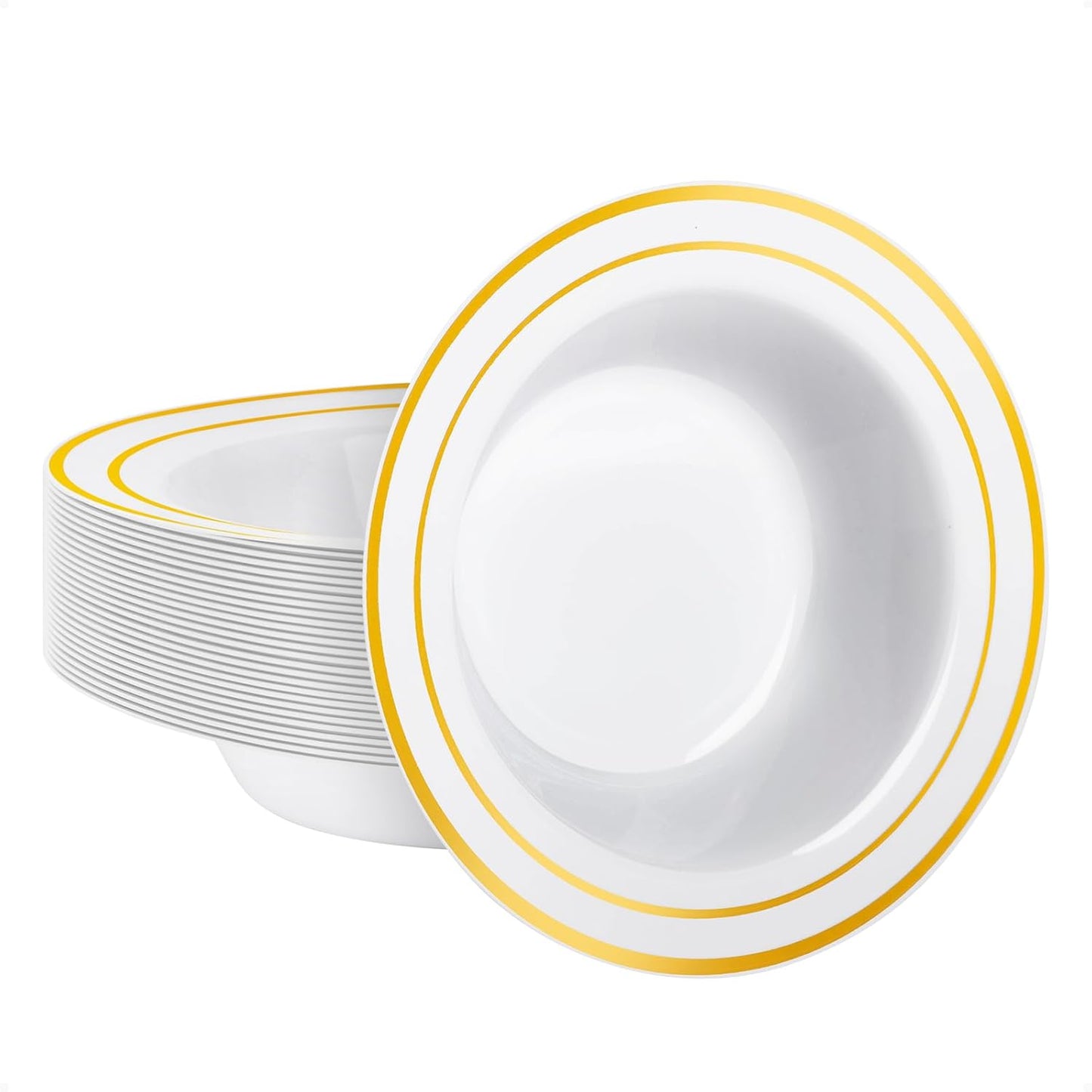 Goodluck 25 Pack Plastic Bowls with Gold Rim, 12oz Disposable Soup Bowls, Heavy Duty Dessert Bowls for Weddings, Parties, Dinners, Catering, Thanksgiving and Everyday Use