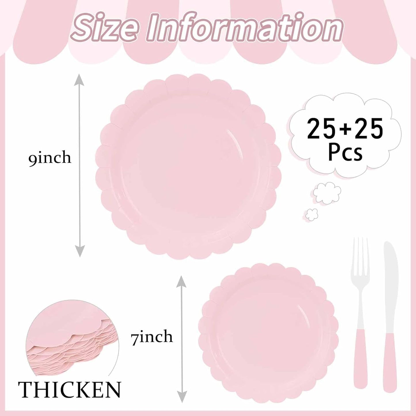 50 Pcs Light Pink Scalloped Paper Plates 25 × 7'' and 25 × 9'' Disposable Pink Scalloped Dinner Plates for Wedding Baby Shower Birthday Party Disposable Dessert Plate