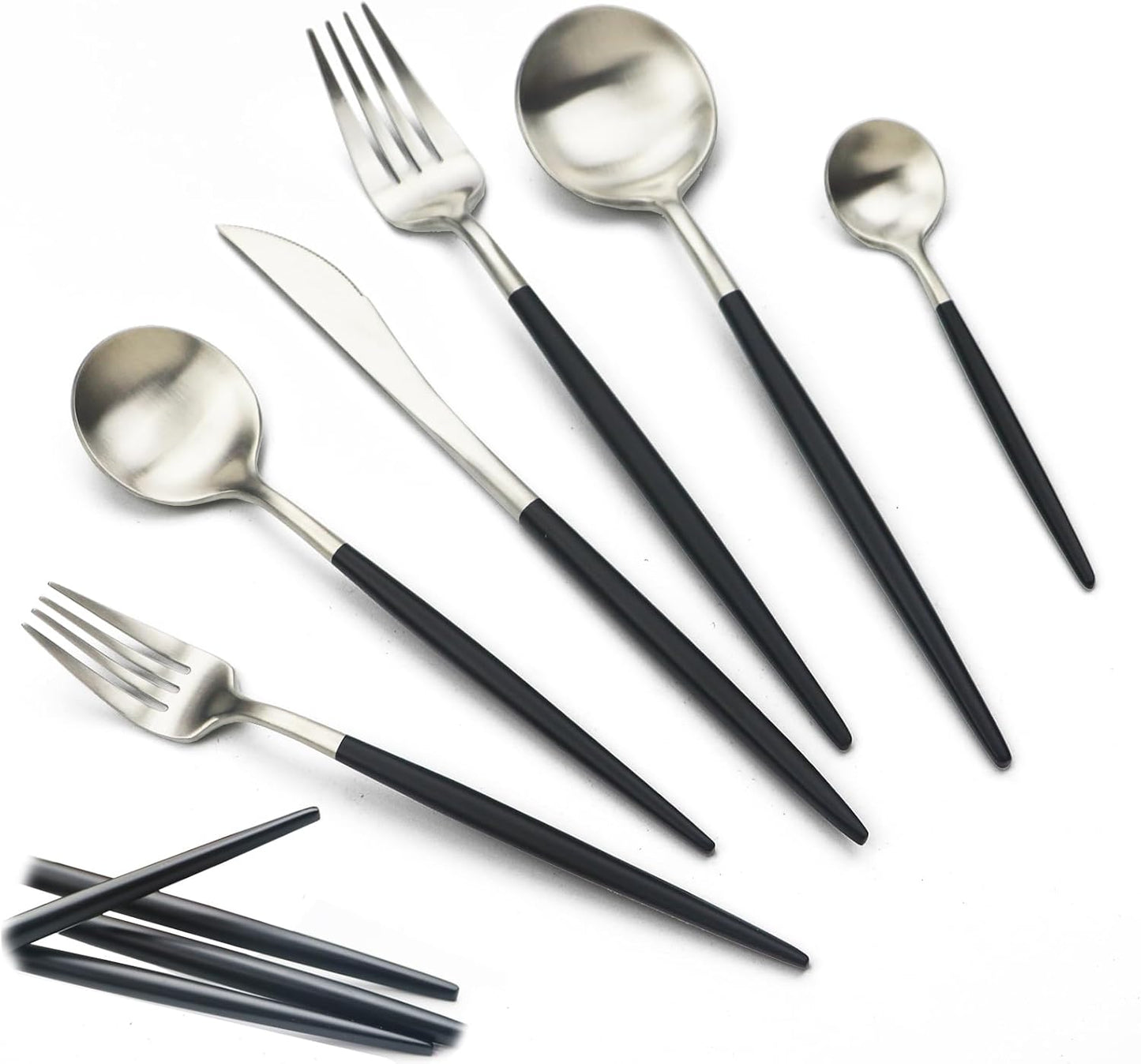 JASHII 18/10 Black Handle Flatware Silver Silverware Set 304 Stainless Steel Flatware Cutlery Set| 24-Piece Adaline Royal Modern Satin Finish| BEST Birthday Wedding Gift (Black Handle Silver 4 Sets)