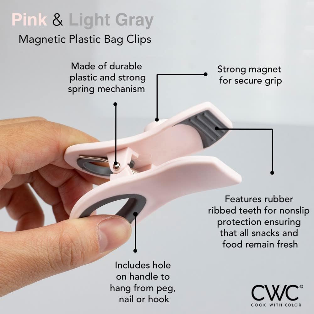 COOK WITH COLOR Bag Clips with Magnet- Food Clips, Chip Clips, Bag Clips for Food Storage with Airtight Seal Grip for Bread Bags, Snack Bags and Food Bags (Pink, Pack of 10)