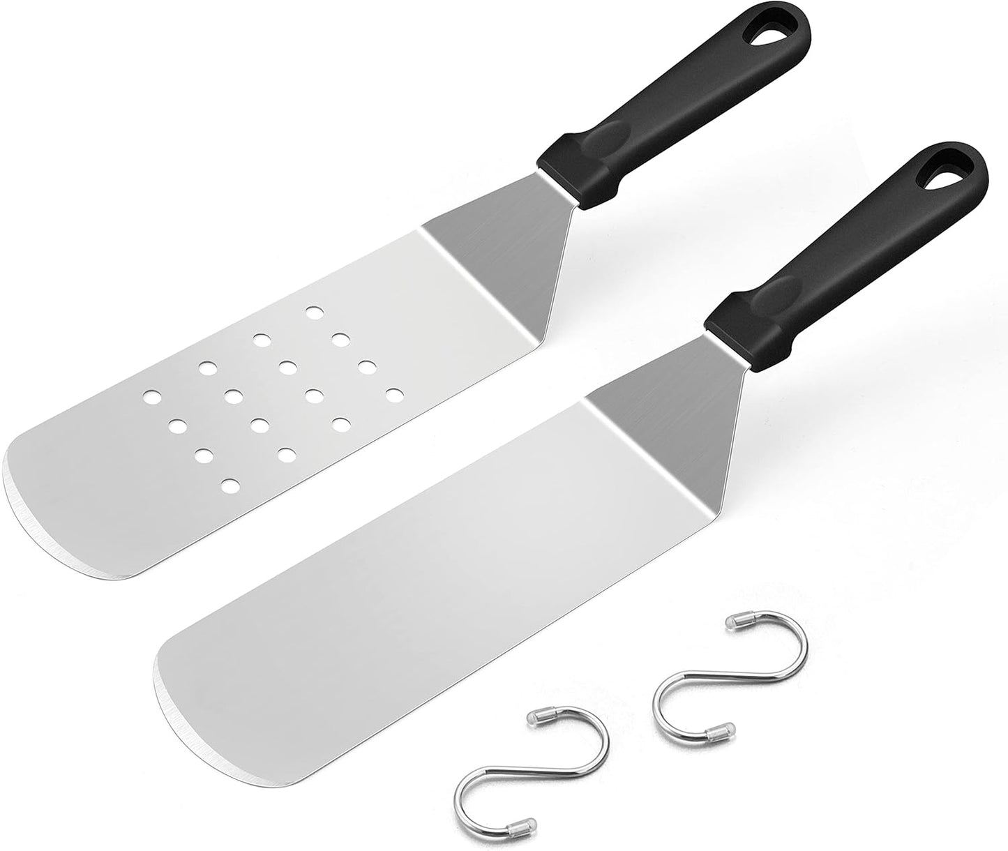 Metal Spatula Set of 2, HaSteeL 14.5 x 2.8In Heavy Duty Perforated & Solid Griddle Tuner Flipper, Long Stainless Steel Griddle Tools for Flat Top Teppanyaki Hibachi Grilling Camping, Easy to clean