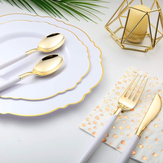 I00000 144Pcs Gold Plastic Silverware, Gold Plastic Utensils Set,Disposable Utensils Heavy Duty,Disposable Silverware Set Includes 48 Forks,48 Knives,48 Spoons for Party & Wedding