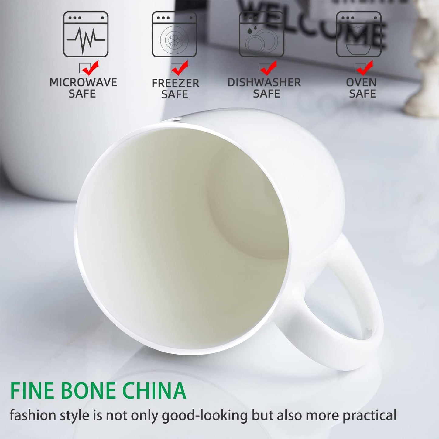White Thin Over 45% Bone Content Fine Bone China Coffee Mugs 10 oz, Lightweight Porcelain Cups for Espresso Latte Mocha Cappuccino, Luxury Ceramic Tea Cup, Set of 6 Dishwasher Microwave Freezer Safe