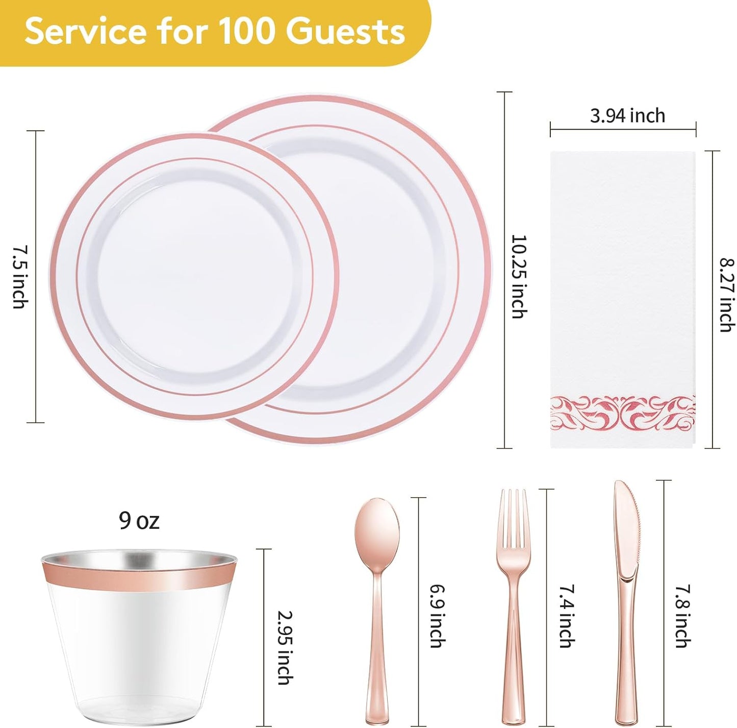Goodluck 700 Piece Rose Gold Dinnerware Set for 100 Guests, Plastic Plates Disposable for Party, Include: 100 Dinner Plates, 100 Dessert Plates, 100 Paper Napkins, 100 Cups, 100 Silverware Set