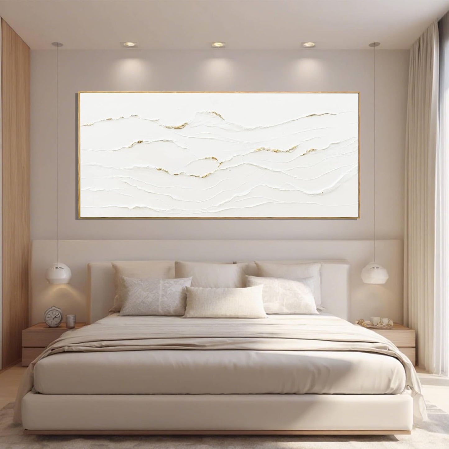 MLART99 White and Gold Wall Decor Textured With Frame Canvas Abstract Minimalist Wall Art - 32x70 Inch Extra Large Contemporary Artwork for Living Room Entryway Home Decoration