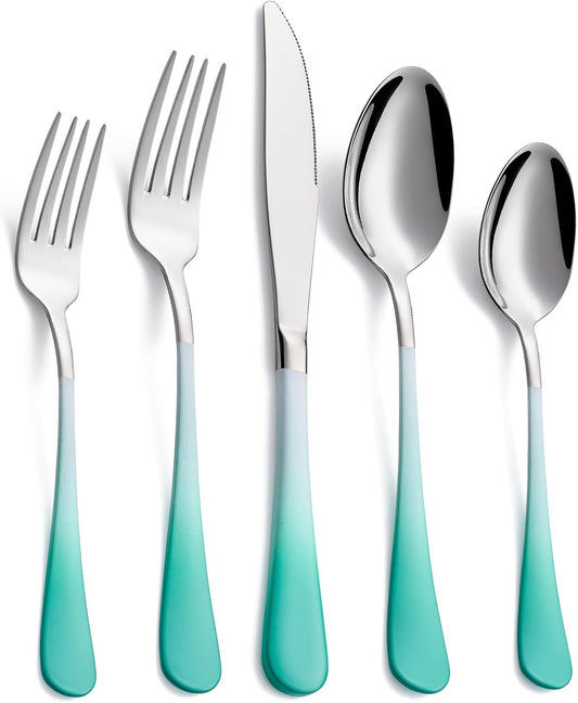 20-Pieces Color Silverware Sets for 4,Green and White Handle Stainless Steel Cutlery Set, Include Forks Spoons and Knives Set, Dishwasher Safe Utensil Sets for Home Restaurant