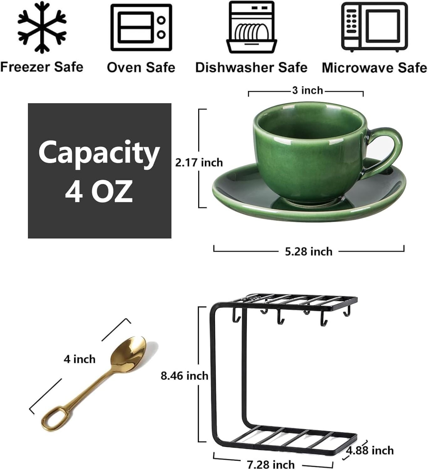 vicrays Ceramic Espresso Coffee Cups - 4 oz Porcelain Espresso Cups Set with Saucers Spoons and Metal Stand for Tea Cafe Cappuccino Latte - Set of 6 - Green