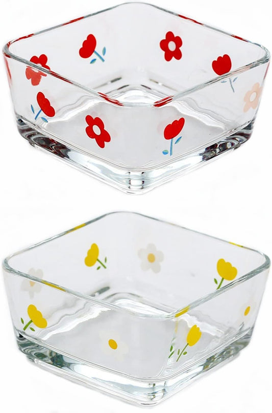 9 OZ Small Flower Candy Dish Cute Floral Candy Bowl Mini Square Glass Bowl for Dessert,Snack,Fruit,Icecream,Yogurt,Dipping,Prep,Clear Serving Bowl,set of 2