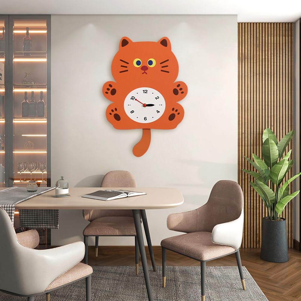 Cute Cat Swing Wall Clock with Wagging Tail - Adorable Cartoon Animal Design, Silent Non-Ticking Pendulum Clock for Kids Room, Nursery, Home Decor, for Cat Lovers (YBZ001-Brown)