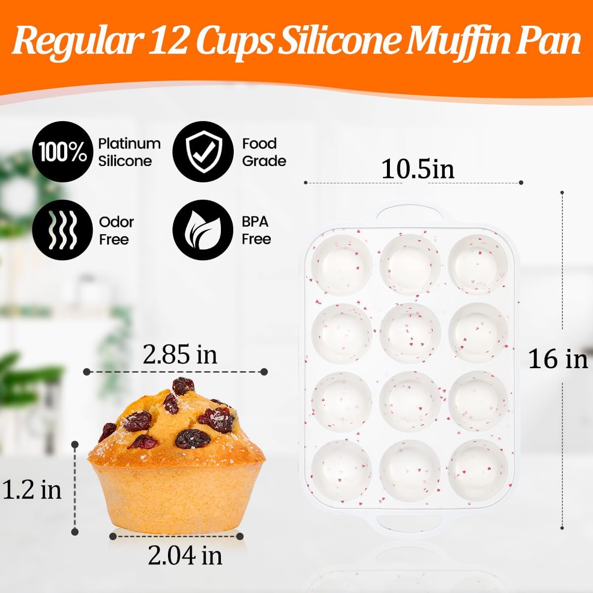 CAKETIME Regular Size Muffin Pan with Metal Reinforced Frame, Silicone Cupcake Pan Easy to Handle Nonstick 12 Cups Silicone Muffin Pans for Baking BPA Free 2 Pack