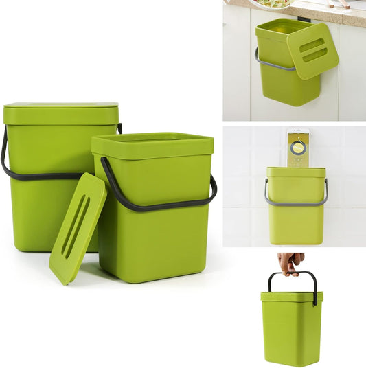 Domiella 2 Pack Hanging Small Trash Can with Lid (1.3 + 0.8 Gal), Kitchen Compost Bin for Countertop or Under Sink, Mountable Food Waste Bin for Cabinet, Bathroom, or RV Use (Green)