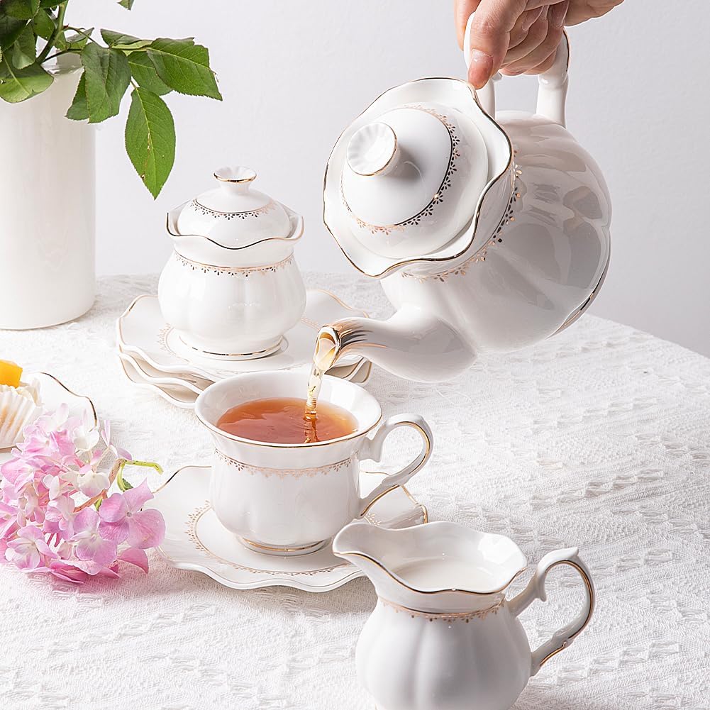 Sweejar 21 Pieces Porcelain Tea Set, Vintage Gold Trimmed Teapot Cup and Saucer Set, Tea Cup for Loose Tea, Sugar Bowl and Creamer Pitcher with Spoons, Service for 6(Elegant White)