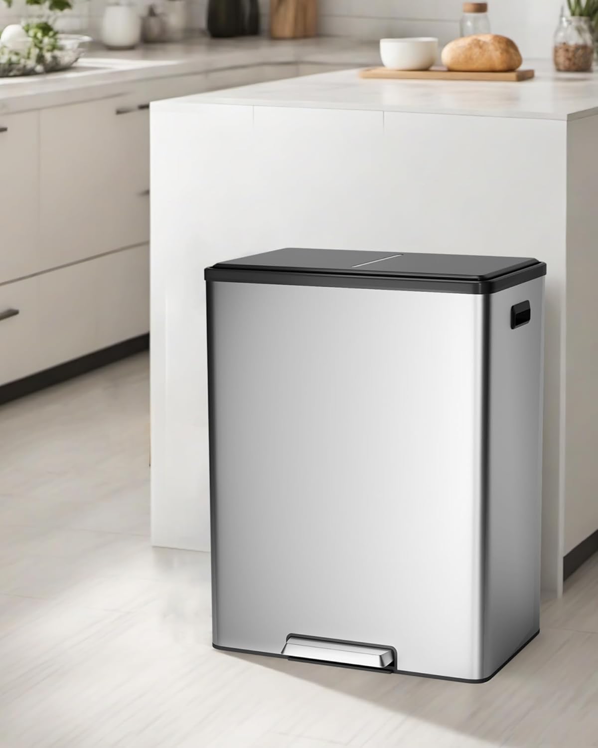 Garvee Dual Trash Can for Recycling and Trash, Stainless Steel Kitchen Trash Can with Lid and Foot Pedal, Double Compartment Garbage Can, with Recycling Bin