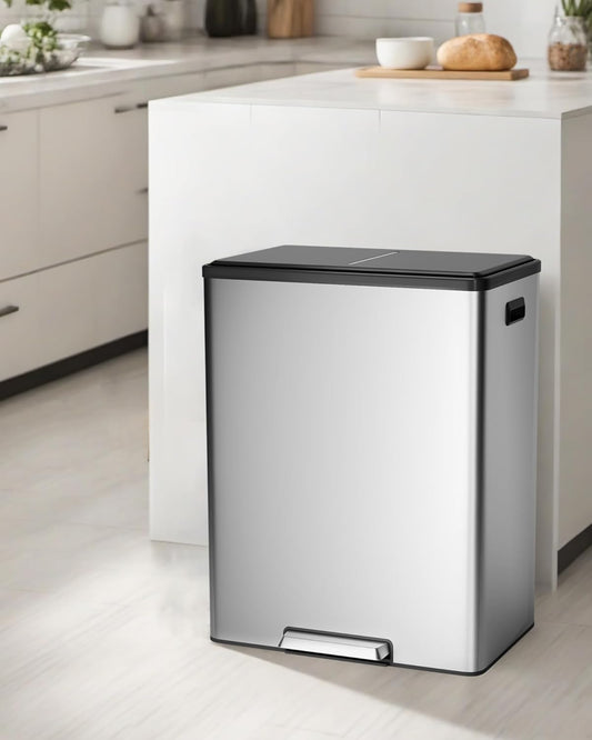 Garvee Dual Trash Can for Recycling and Trash, Stainless Steel Kitchen Trash Can with Lid and Foot Pedal, Double Compartment Garbage Can, with Recycling Bin