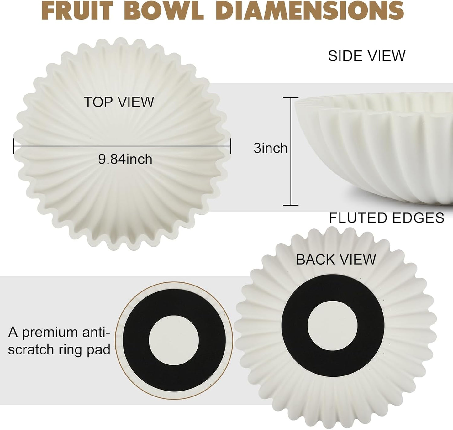 Large Decorative Bowl for Home Decor - Centerpiece for Coffee Table,Dining Table,Kitchen, Entryway Key bowl & Fruit Display - Modern Concrete Stone Design (White)