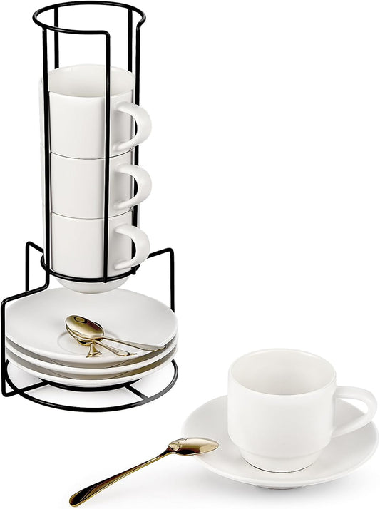 Lareina 8 Ounce Porcelain Cappuccino Cups Set of 4, Stackable Coffee Cups with Saucers, Spoons and Metal Stand -for Specialty Coffee Drinks, Cappuccino, Latte, Americano and Tea, White