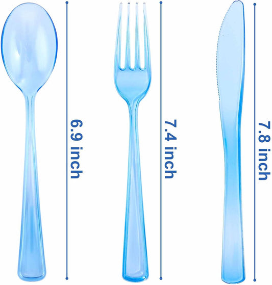 WDF 180 Pieces Blue Plastic Silverware Disposable - Clear Blue Cutlery Sets 60 Forks, 60 Knives and 60 Spoons - Heavy Duty Utensils for Party, Wedding, Graduation
