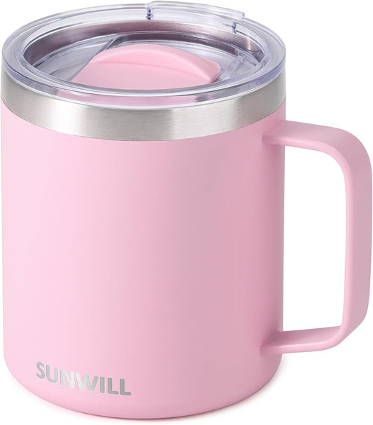 SUNWILL Insulated Coffee Mug with Lid, Travel Tumbler Reusable, 14 oz Stainless Steel Cup for Camping, Office, Home, Powder Coated Sakura
