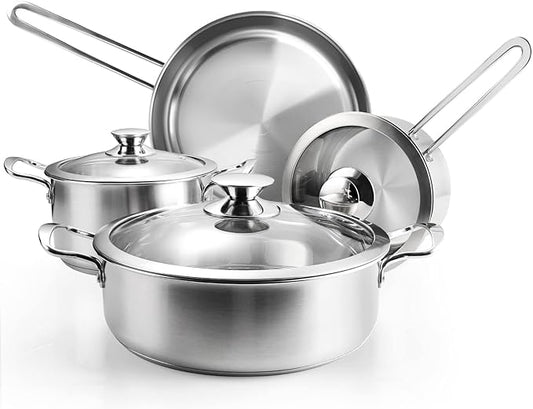 Stainless Steel Pots and Pans Set, 7-Piece Kitchen Cookware Sets with Glass Lids, Stay-Cool Handle, Oven Safe, Works with Induction/Electric and Gas Cooktops, Dishwasher