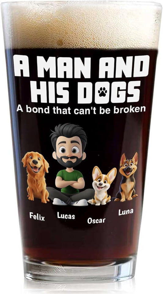 Wrappiness Best Mom Dad Logo Personalized Custom Beer Glass - 16oz Glassware for Beer Soda Cocktails - Gift for Dog Lovers, Father's Day, Birthday Gift for Parents (B03, 3 Dogs)