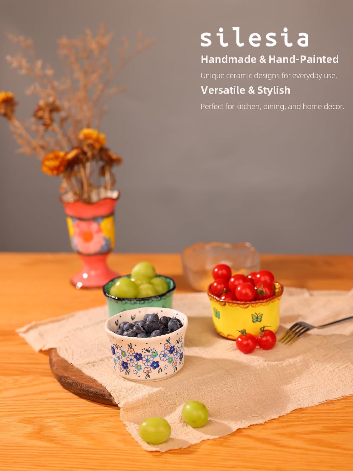 Handmade 7 oz Small Bowls - Ceramic Hand Painted Bowl Great for Ramekins, Dipping, Side Dish, Dessert,Sauce, Ice cream, Appetizer, Sushi in Gift Box, 3.5 inch, Set of 3, Forget Me Not