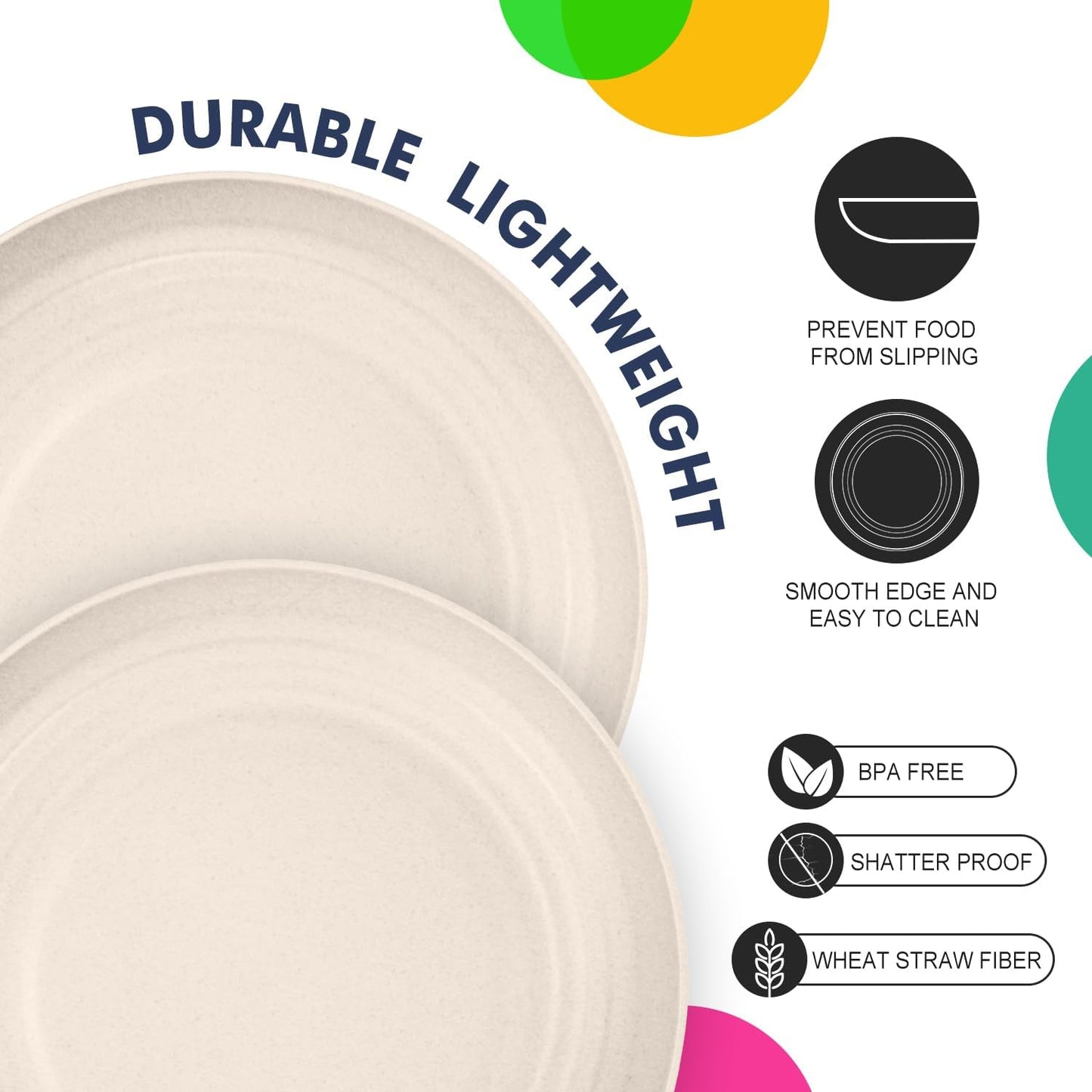 Homienly Wheat Straw Dinner Plates Set of 8, Unbreakable, Dishwasher & Microwave Safe, Modern Style, 9 inch, Beige