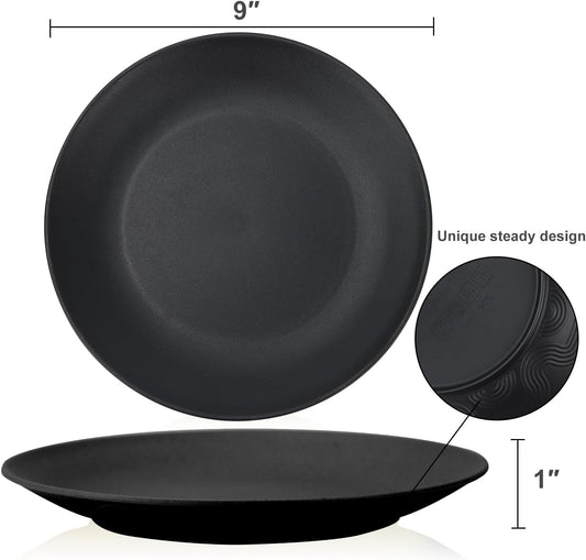 Homienly Dinner Plates Set of 8 Unbreakable Wheat Straw Plates with Textured Design - Microwave & Dishwasher Safe - Perfect for Camping, Kitchen Use - Black, 9 inch