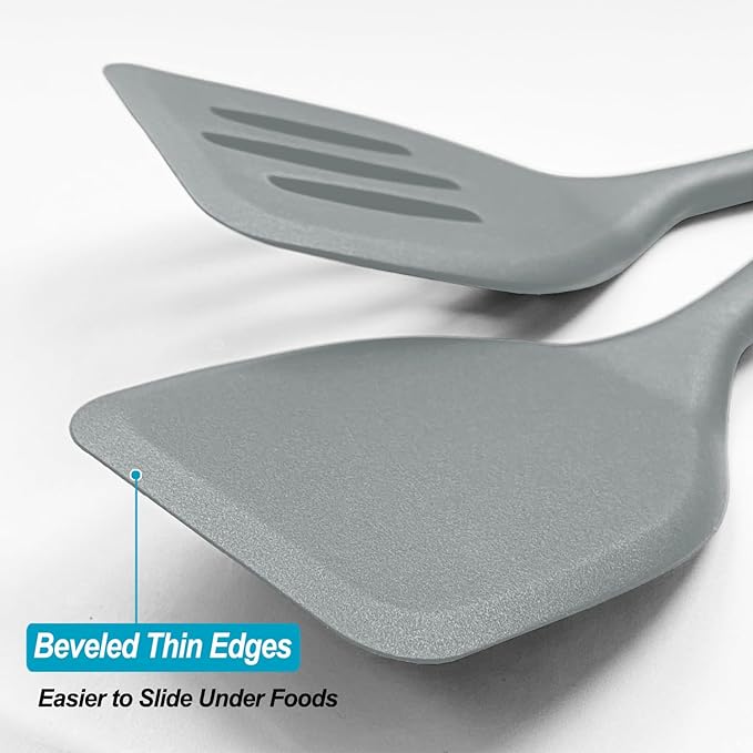 Silicone Spatula Turner Set, High Heat Resistant Spatulas with Seamless One Piece Design, Nonstick Rubber Flippers Utensils for Baking & Cooking,BPA-Free, 2 pack,Black (Grey)