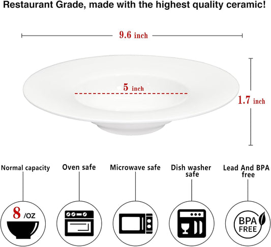 Ceramic Wide Rimmed Soup Plate, Soup Bowl 8 oz, Pasta Bowl Set of 4, White Shallow Bowl Plate with Rim, Best choice for high-end restaurants, hotels, and foodies, 9.6 Inch