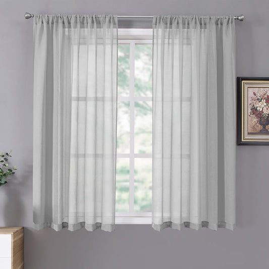 Tollpiz Short Sheer Curtains Living Room Linen Textured Curtain Sheers Light Filtering Voile Rod Pocket Curtains for Bedroom, 38 x 45 inches Long, Silver Grey, Set of 2 Panels