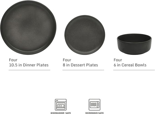 Gibson Elite Pasco 12 Piece (Service for 4) Plates and Bowls Reactive Glaze Dishes Stoneware Ceramic Dinnerware Set - Black