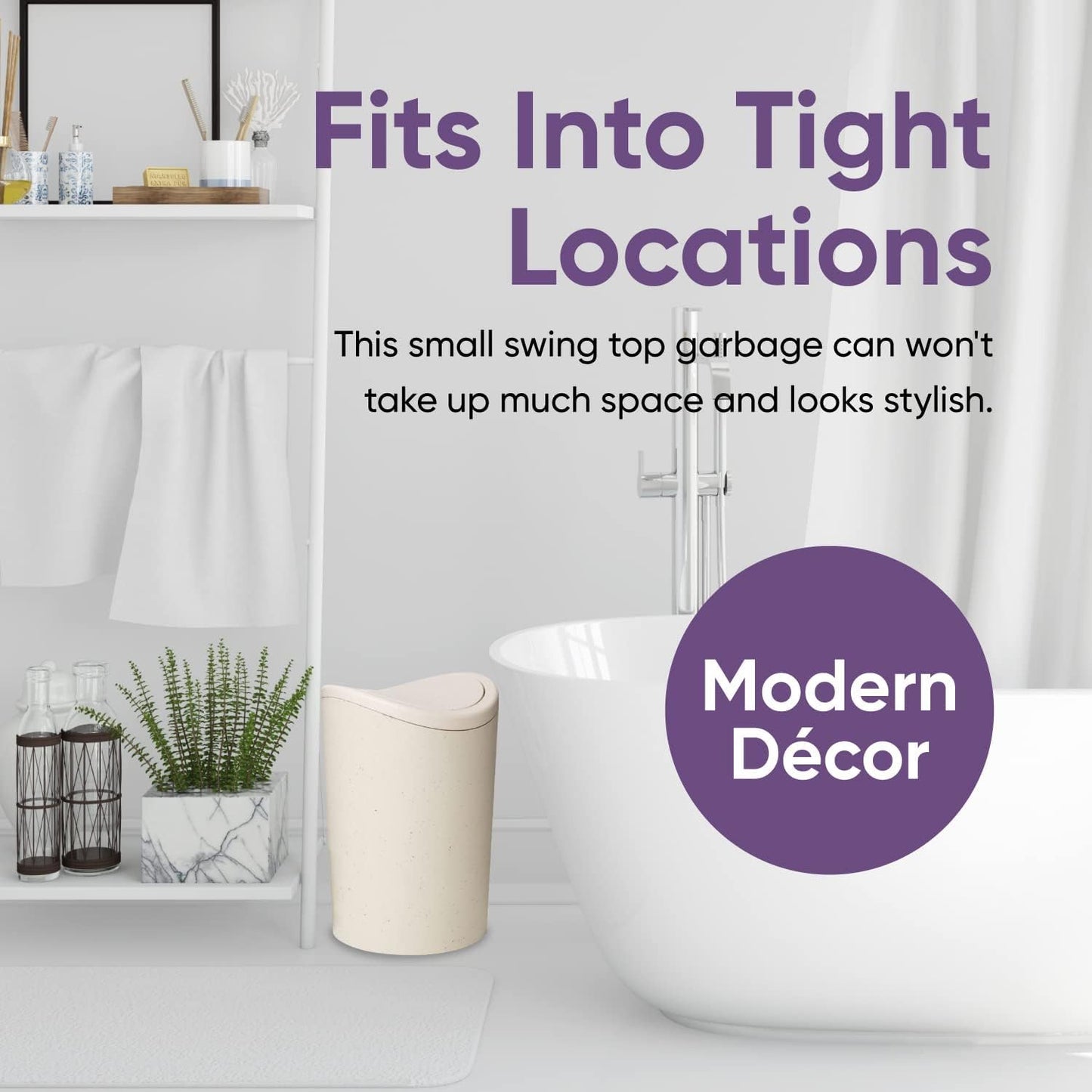 Superio Small Bathroom Trash Can with Lid, Modern White Mini Waste Bin with Swing Lid (1 1/2 Gallon, 6 Liter) Plastic Garbage Can for Kitchen, Bathroom, Bedroom, Office, Under Desk (1, Ecohome)