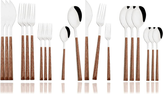 JASHII Wood Handle Flatware Set, 20 Pieces Stainless Steel Silverware Cutlery Set, Mirror Polished, Square Knife Fork Spoon Set, Dishwasher Safe - Korean Style Silver
