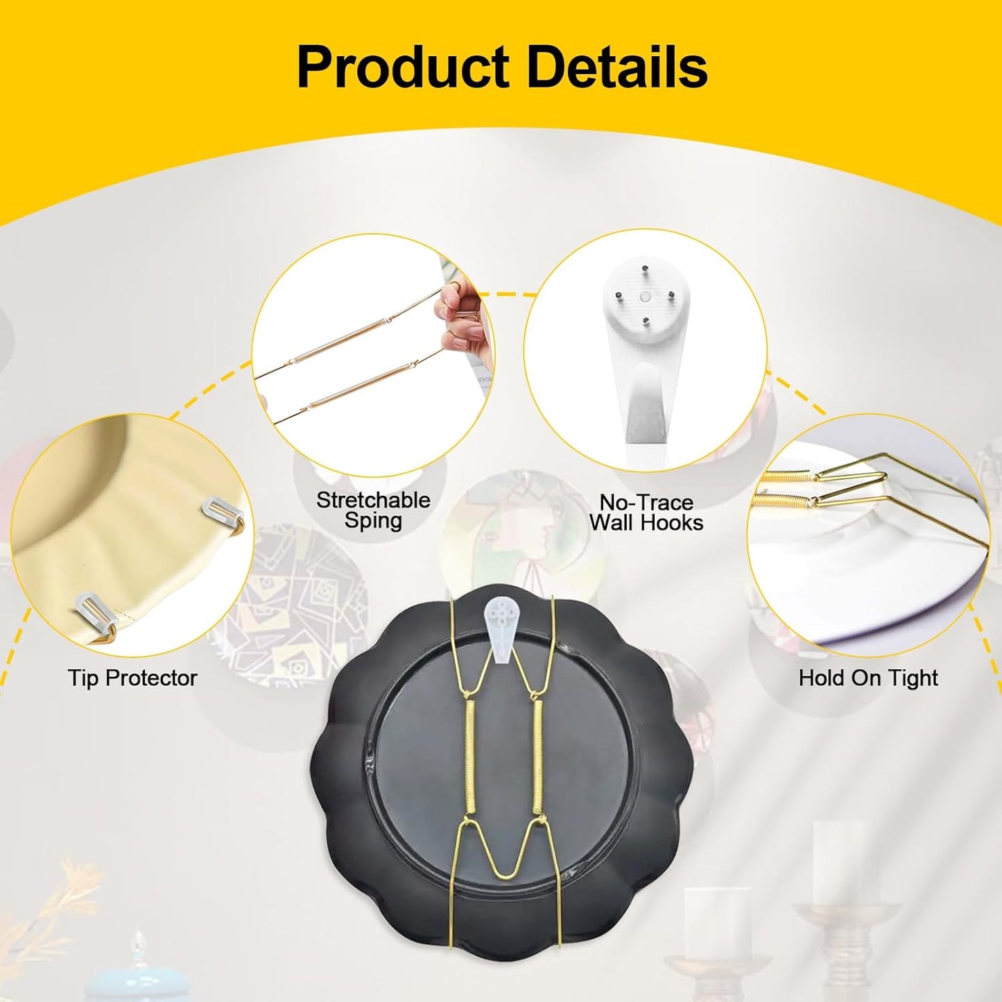 6 Pieces Plate Hangers for the Wall – Vertical Plate Hangers, Adjustable Sizes (6", 8", 10"), Invisible Design, Plate Wall Hangers for Display, Plate Holders for Displaying, Picture Hanging Kit