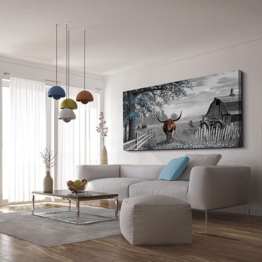 yiijeah Large Country Brown Cow Blue Tree Pictures Farmhouse for Living Room Rustic Wall Decor for Master Bedroom Wall Decor Above Bed Wall Art