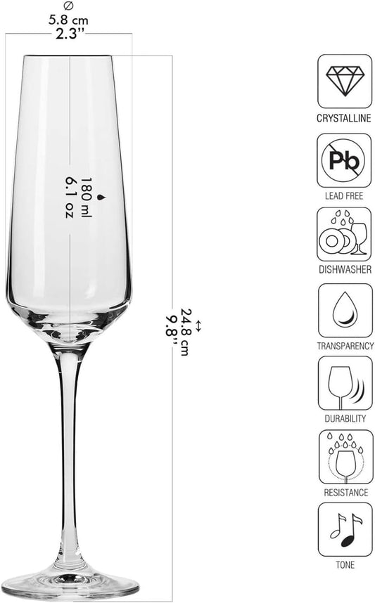 Krosno Crystal Champagne Flute Glasses, Set of 6, 6.1 oz, Avant-Garde Collection, Classic Shape for Timeless Style, Ideal for Mimosas, Prosecco, Sparkling Wine, Dishwasher Safe, Made in Europe
