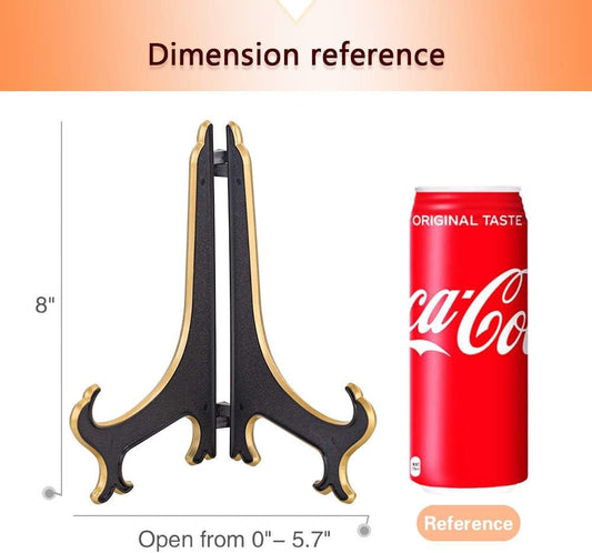 Artliving 8 Inch Plate Display Stand - Adjustable Easel Holder for Decorative Plates, Pictures, Cookbooks - Black Gold Tabletop Stands with Foldable Design - 2 Pack