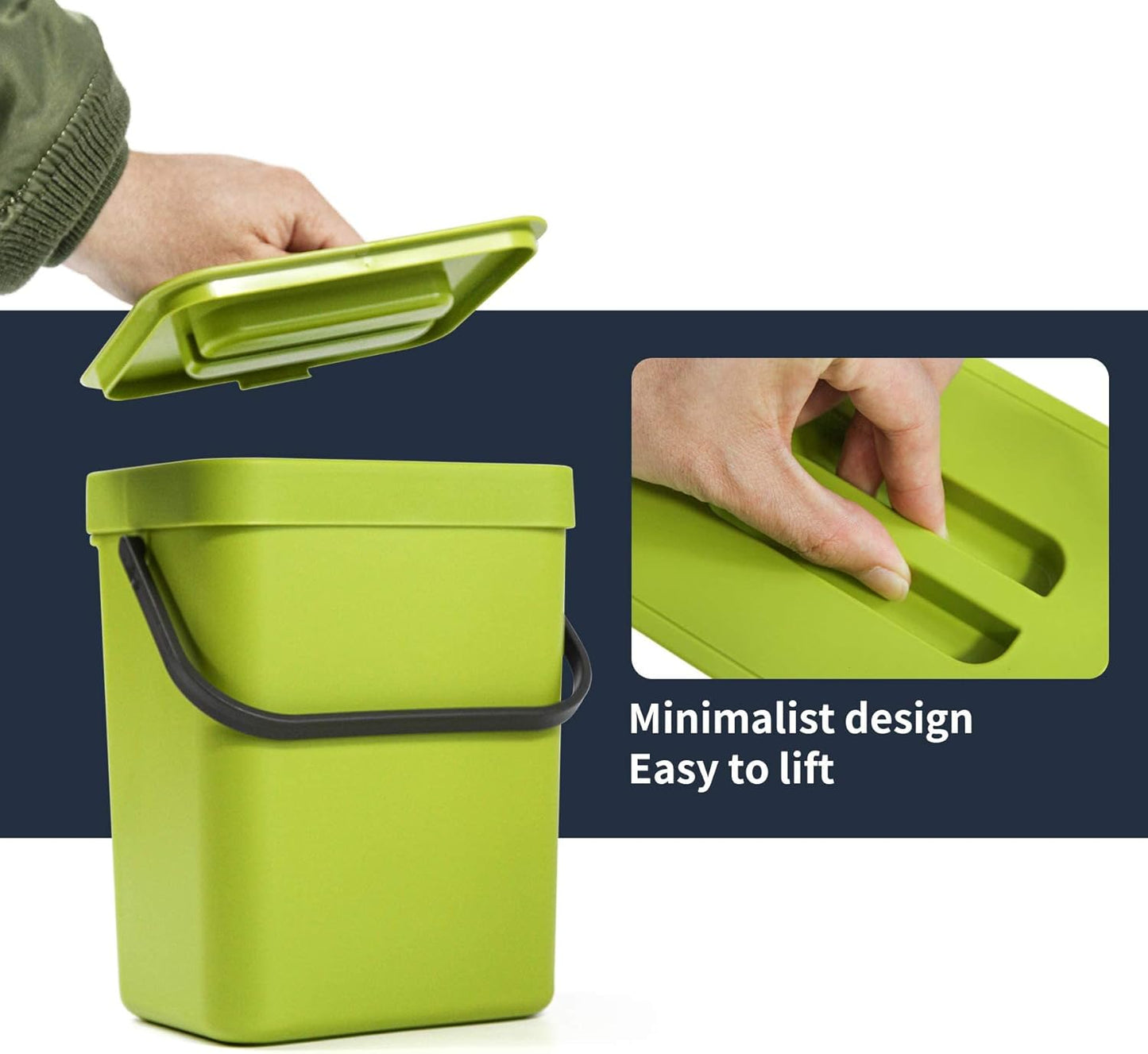 Domiella 2 Pack Hanging Small Trash Can with Lid (1.3 + 0.8 Gal), Kitchen Compost Bin for Countertop or Under Sink, Mountable Food Waste Bin for Cabinet, Bathroom, or RV Use (Green)