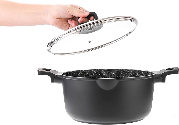 9.5 Inch Non Stick Pan Casserole Pot with Lid & Pour Spout - Lightweight 4.27 Quart Granite Coated Soup Pot Comfort Grip Handle - Induction Compatible PFOA Free Non Stick Cookware (Black)