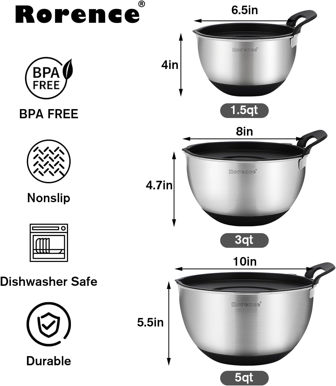 Rorence Stainless Steel Mixing Bowls: Stackable Mixing Bowl Set with Lids and Handles Non-slip Silicone Bottom Nesting Bowls for Kitchen Set of 3 - Black