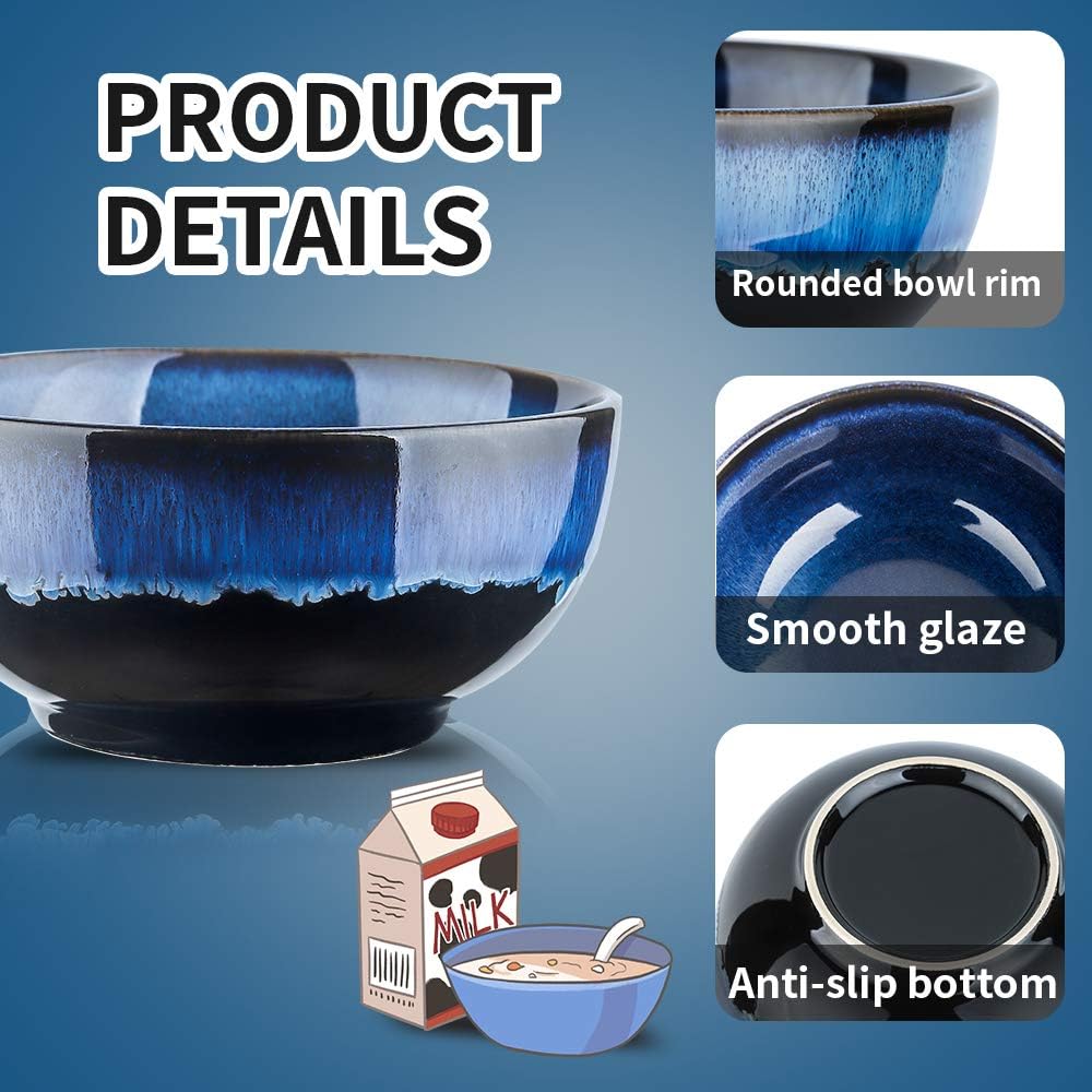 24 Ounce Soup Bowl Set, Porcelain Cereal Bowls Microwave And Dishwasher Safe, Ceramic Kitchen Bowls For Oatmeal Breakfast, Chip, Rice, Reactive Glaze Set of 4 (Nebule Blue)