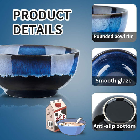 24 Ounce Soup Bowl Set, Porcelain Cereal Bowls Microwave And Dishwasher Safe, Ceramic Kitchen Bowls For Oatmeal Breakfast, Chip, Rice, Reactive Glaze Set of 4 (Nebule Blue)