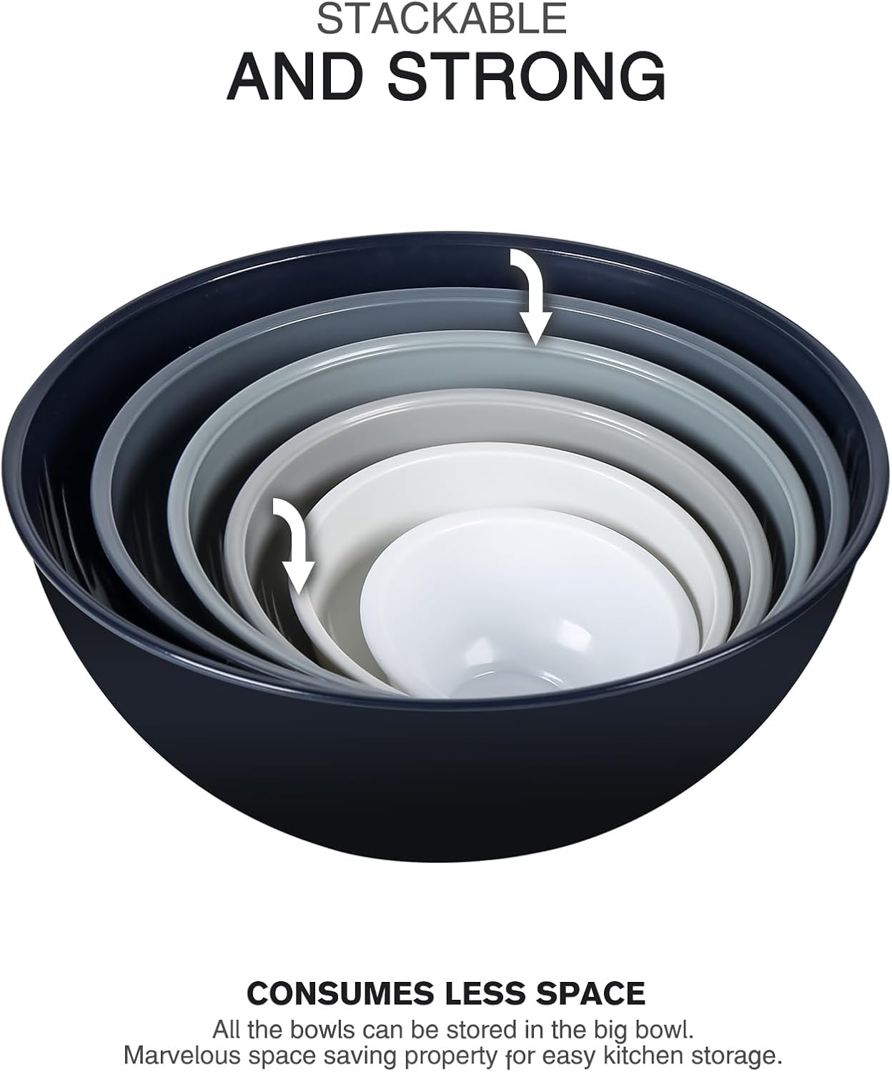 6-Piece Plastic Mixing Bowl Set with Lids for Kitchen, Nesting Storage Bowls for Baking, Prepping,Cooking and Serving Food, Dishwasher, Microwave Safe,Great for Mixing & Serving,Gray